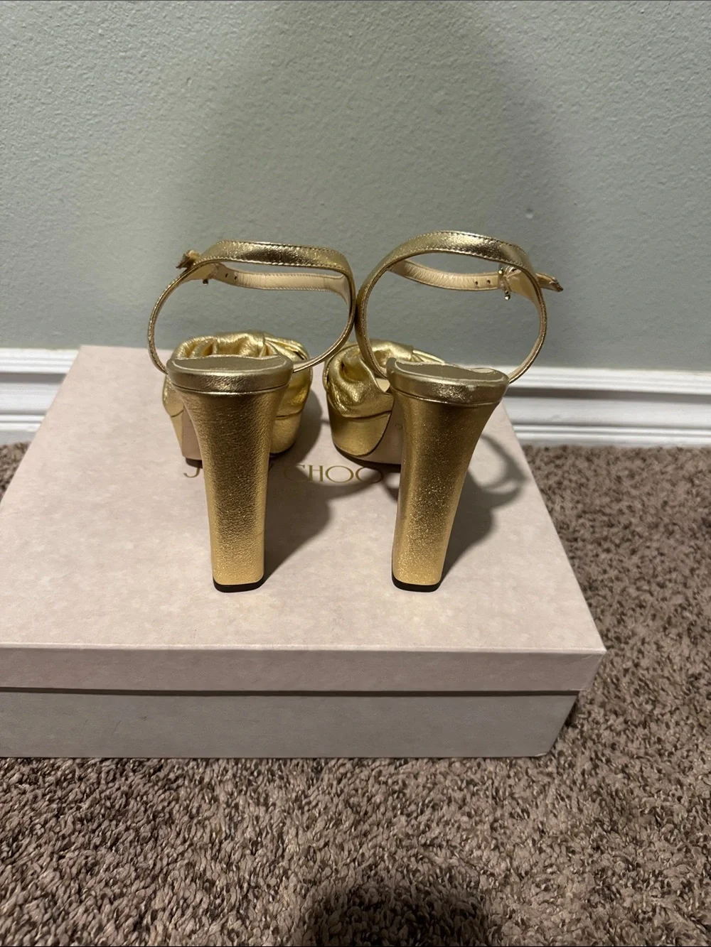 Jimmy Choo Metallic Gold Bow Platform Sandals